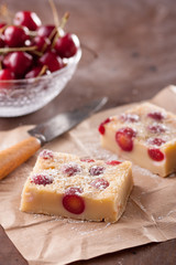 Cherry clafoutis on brown paper
