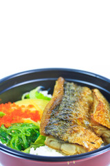 Grilled fish or Saba with rice and also called Shioyaki