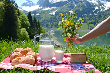 Milk, cheese and bread served at a picnic in an Alpine meadow, S