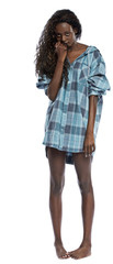Innocent black woman in mans shirt