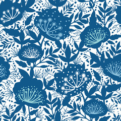 Fototapeta na wymiar Vector blue and white garden plants silhouettes seamless pattern