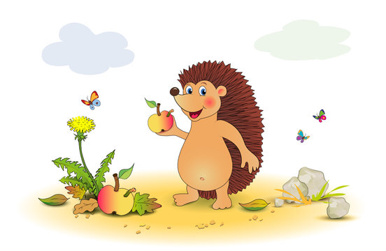 Igel mit Apfel und Wurm