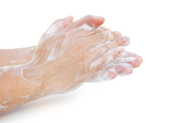 man washing hands on white with clipping path