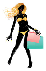 Silhouette of shopping blond girl in bikini