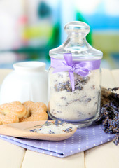 Jar of lavender sugar and fresh lavender flowers