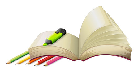 An empty book with a highlighter and pencils