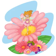 Foto op Plexiglas Een bloemenpixie boven een grote roze bloem © GraphicsRF