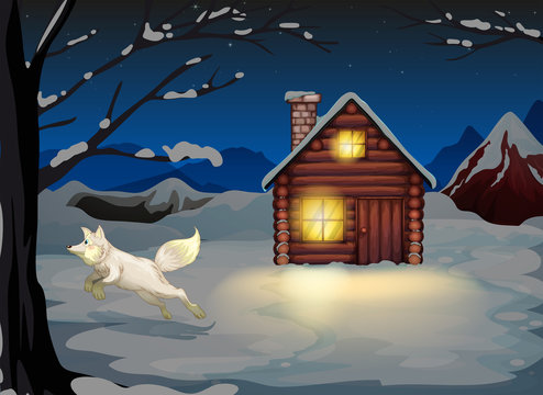 A fox jumping outside the wooden house with snow