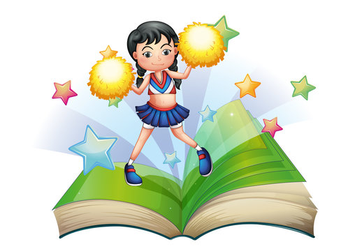 A storybook with a cheerdancer dancing
