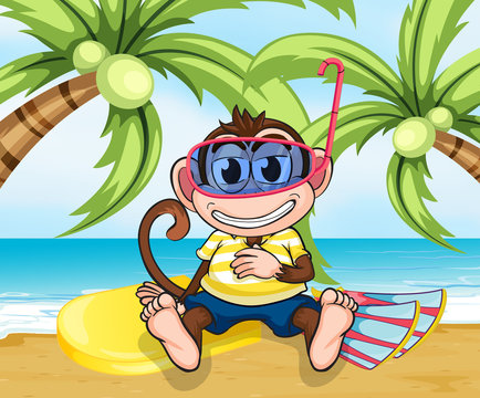 A monkey with goggles at the beach