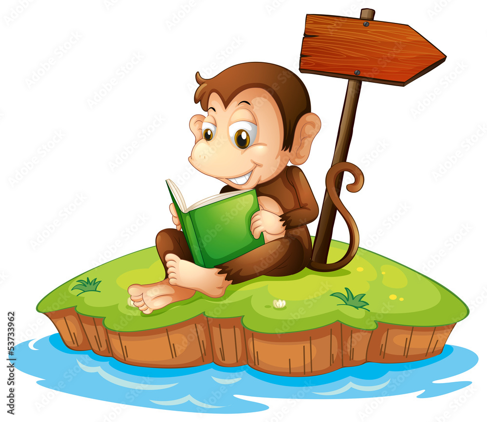 Poster a monkey reading a book in an island