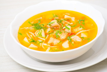 Fish soup with vegetables and pasta
