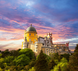 Fairy Palace against sunset sky /  Panorama of Palace in Sintra, - obrazy, fototapety, plakaty