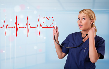 Young nurse listening to abstract pulse with red heart