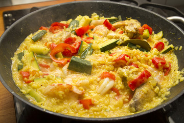 Seafood paella in a pan