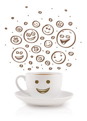 Coffee-cup with brown hand drawn happy smiley faces