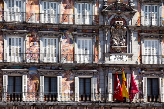 decorated facade and balconies at the Palza Mayor,Madrid,Spain