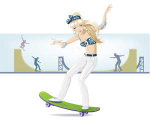 Beautiful girl on a skateboard goes in for sports