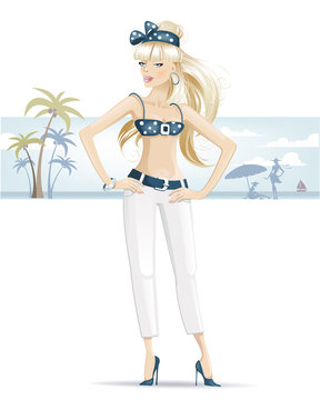Beautiful girl in a bikini and white pants resting on the beach.
