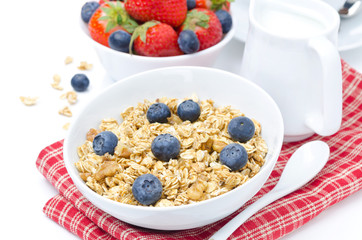 homemade muesli with blueberries, fresh berries and milk