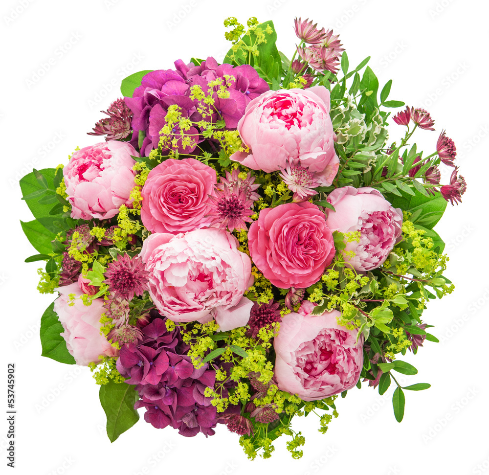 Poster bouquet of beautiful pink peony on white background