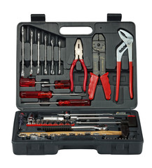 Black toolbox with different instruments isolated on white