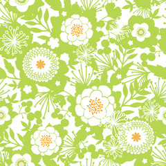 Vector green and golden garden silhouettes seamless pattern with