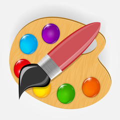 Wooden art palette with paints and brushe icon vector illustrati