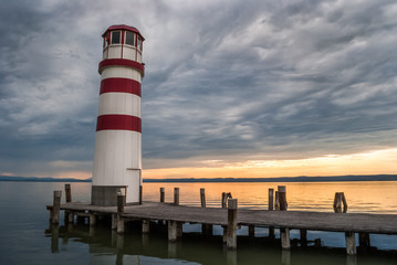 Lighthouse at Lake Neusiedl during sunset near Podersdorf