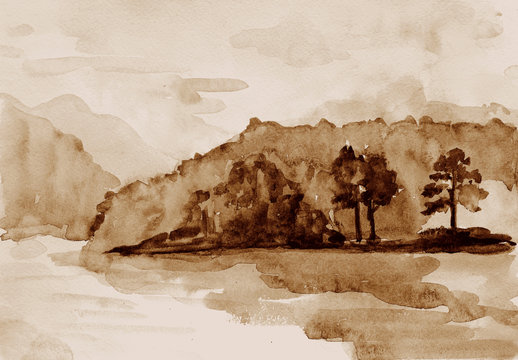 watercolor painting misty landscape