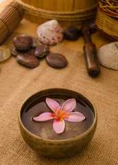 Obraz na płótnie Canvas frangipani spa concept photo, lowlight ambient spa lighting, sha