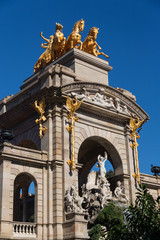 Barcelona ciudadela park lake fountain with golden quadriga of A