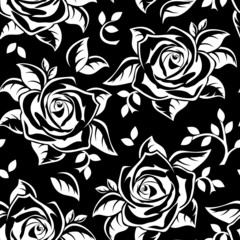 Modèle sans couture avec des silhouettes blanches de roses sur fond noir.