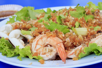 Boiled seafood on white dish