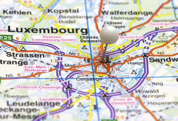 The City of Luxembourg on map with a white push pin