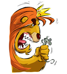 Cartoon lion holding a mouse frightening it