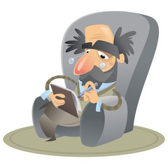 Cartoon psychologist sitting on an arm chair keeping notes