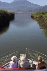 Fototapeta premium Three English ladies on a boat trip at calis in turkey, 2013