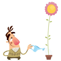 Happy cartoon man gardener watering flower that growing fast