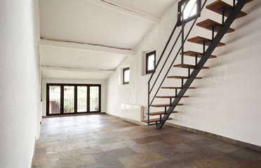 interior rustic house, large room with staircase