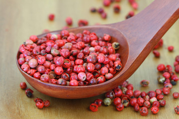 Red peppers in wooden spoon, close up