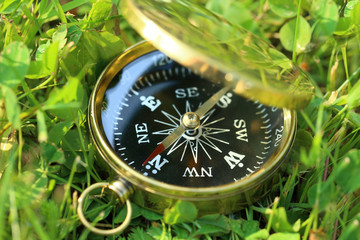Golden compass on green grass