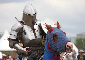 Fotobehang Middeleeuwse ridder te paard, zijaanzicht © Den