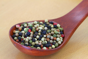 Mixed peppers on wooden spoon, close up