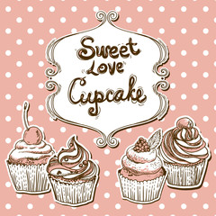 Retro frame with cupcake  on a polka dot