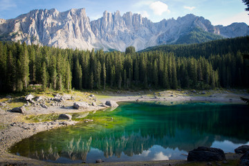 Picturesque Dolomites mountains with Lago de Carezza