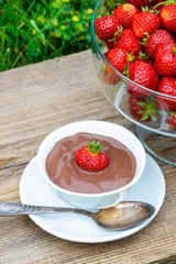 Creamy chocolate pudding on wooden table in the garden
