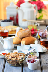 Breakfast table. Selective focus