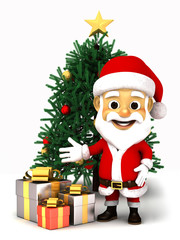 Santa claus with box of gifts and Christmas tree