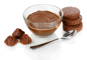 Bowl of chocolate and sweets isolated on white